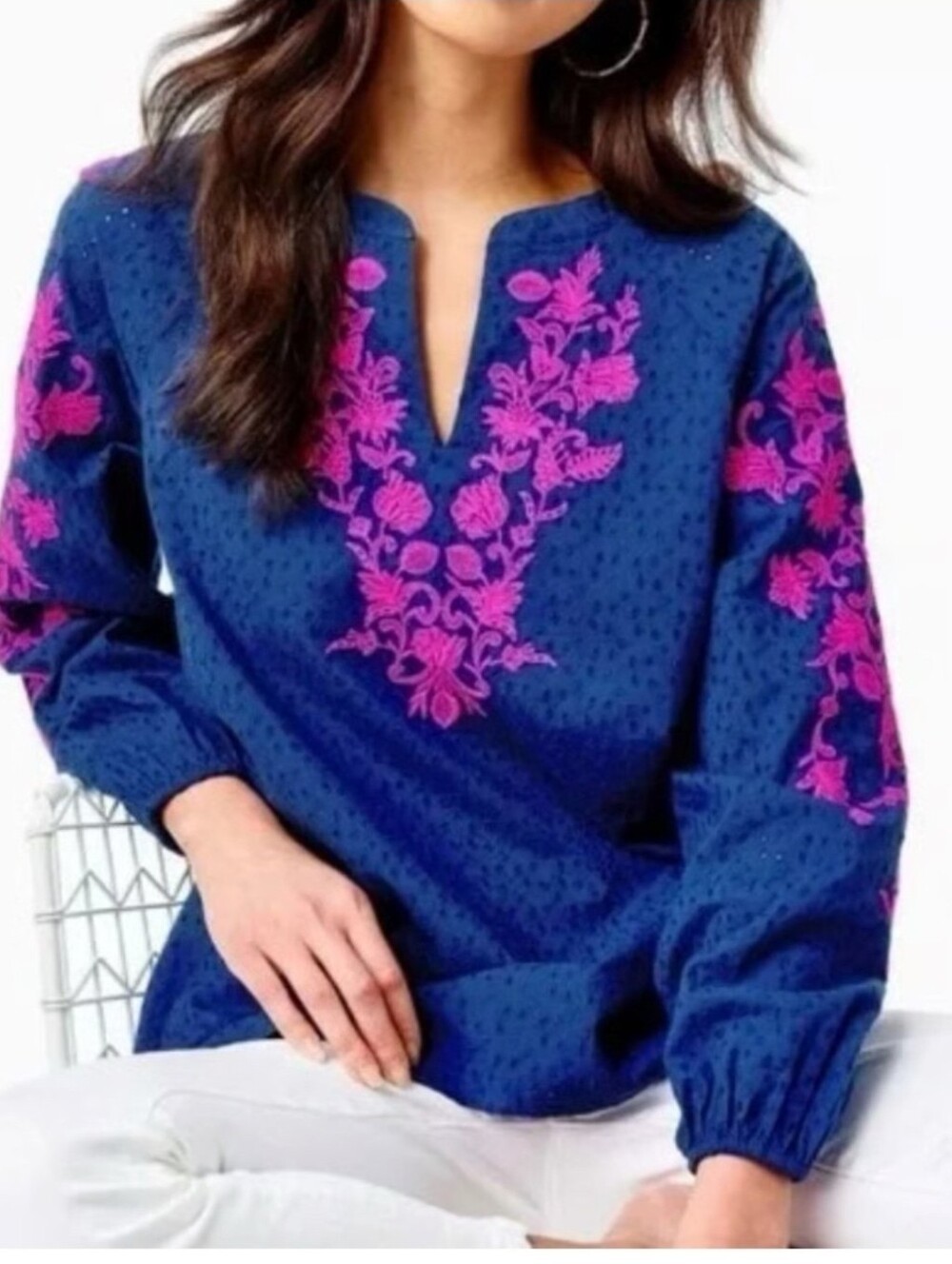 Lilly Pulitzer Emberline Tunic Top in Oyster Bay Navy Bayside Eyelet Size Large